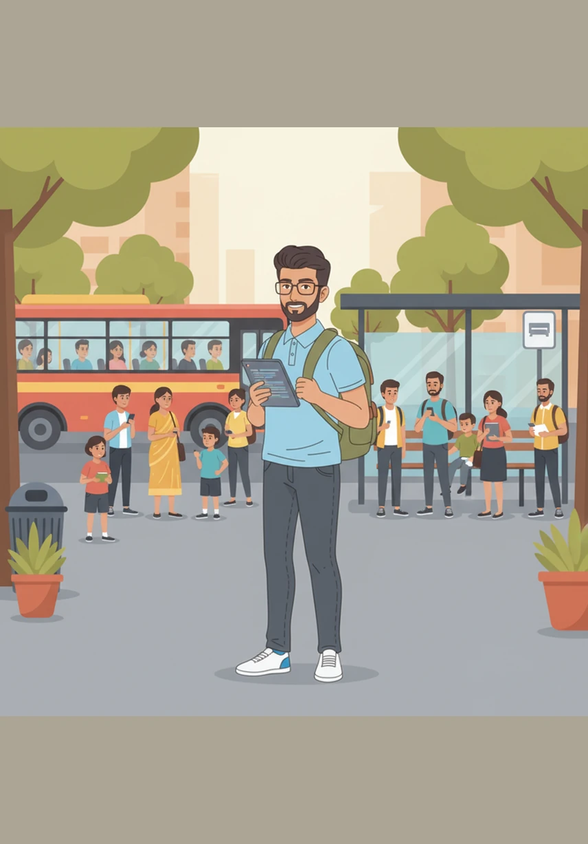 Standing at the bustling bus stop just outside the college gates, Arjun looks back at the campus with a sense of quiet accomplishment. The final image captures the raw, unfiltered essence of a young man’s ordinary day, framed by the motion blur of the city moving around him.