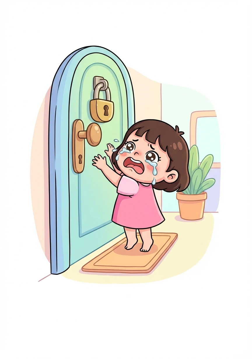 有一天，小莉想去公园玩，可是门锁太高了，她够不着，开始哇哇大哭。