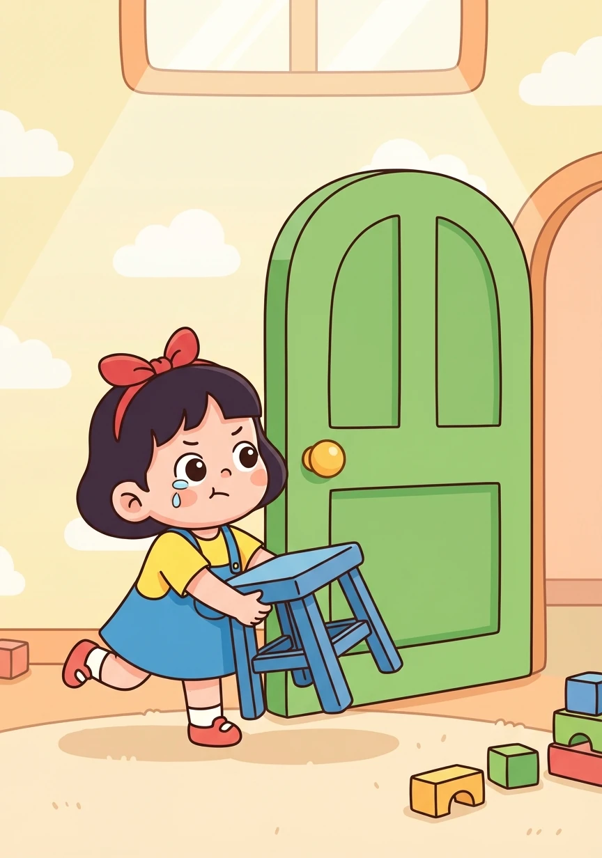 她擦干眼泪，四处寻找，发现了一个小板凳。小莉把板凳搬到门边，踩了上去。