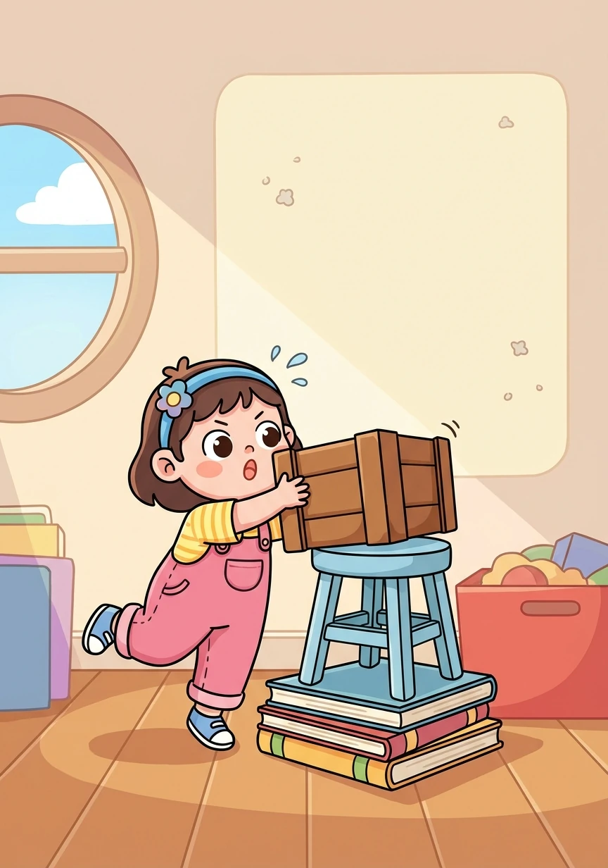 可是，板凳太矮了，还是够不着。小莉又找来一个木箱，把板凳放在木箱上，这下终于够着了！