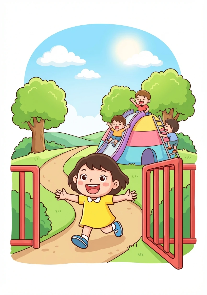 小莉打开门，高高兴兴地跑向公园。公园里，她看到了其他小朋友在玩滑梯。