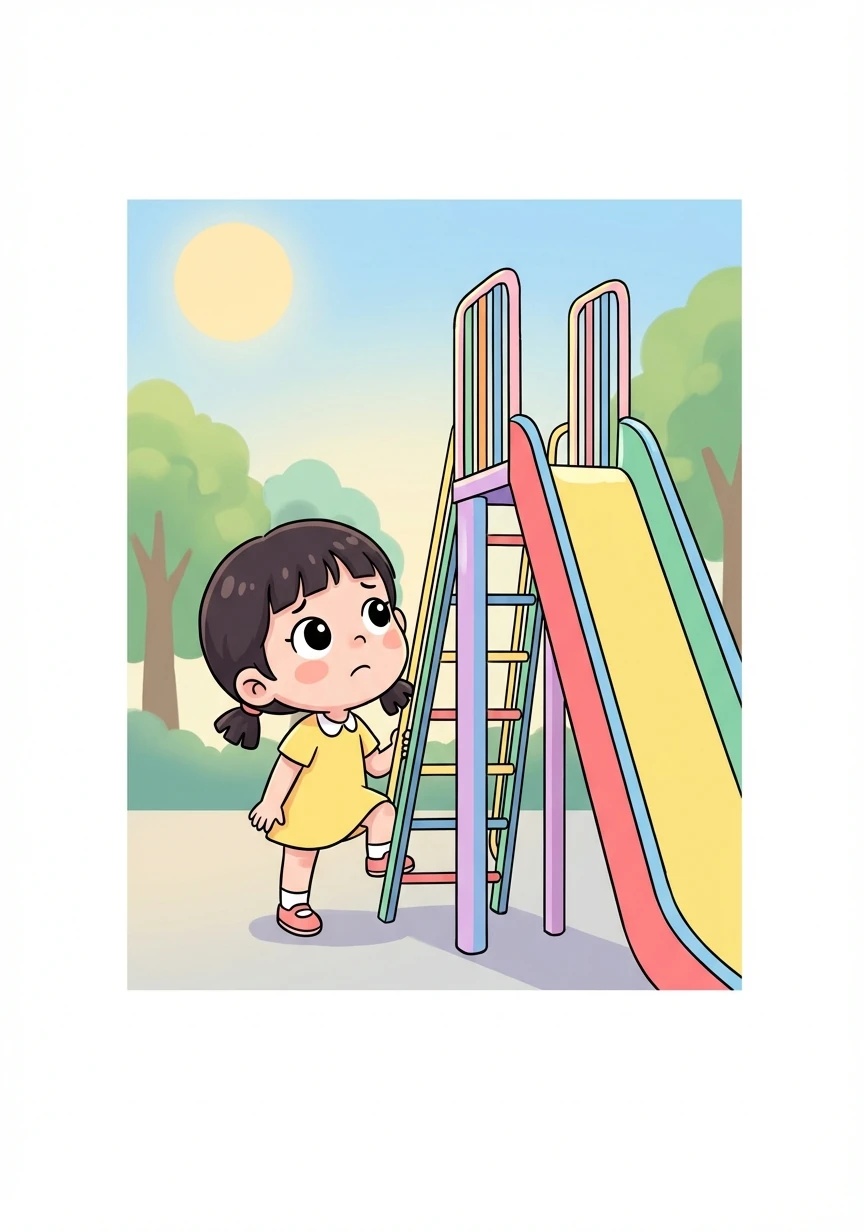 小莉也想玩，可是滑梯太高了，她有点害怕。她想起上次开门的事情，决定自己试一试。