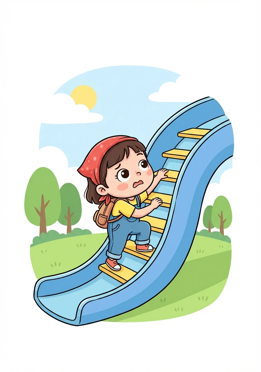 她深吸一口气，一步一步地爬上滑梯。虽然有点害怕，但她还是坚持到了顶端。
