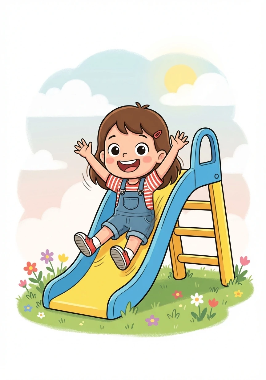 小莉鼓起勇气，滑了下去！她感到非常开心，因为她战胜了自己的恐惧。