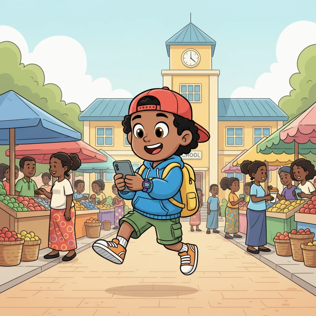 Kofi, a cheerful boy with a bright yellow backpack, bounces down a bustling street in Takoradi, his eyes wide with curiosity. Colorful market stalls overflow with goods, and a lively school building stands in the background. But even amidst the vibrant chaos, Kofi's gaze often drifts to his phone, a gateway to a world of apps and online chats.