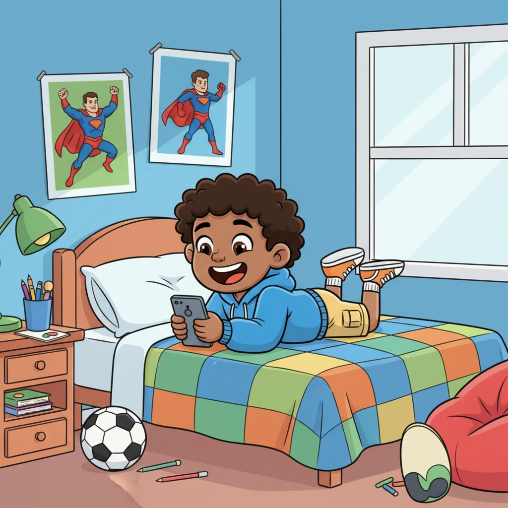 At home, Kofi is sprawled comfortably on his bed, giggling as he chats with his friends on his phone. His room is a playful explosion of colors, with posters of superheroes and a soccer ball tucked in a corner. He loves connecting with everyone, completely engrossed in the fun of his digital world.