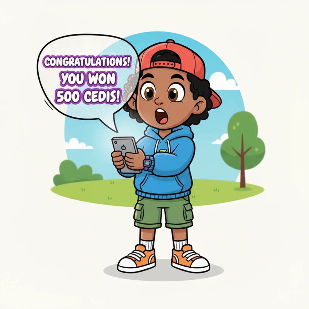 Suddenly, Kofi's phone screen lights up with a dazzling, animated notification. A giant, sparkling WhatsApp message bursts onto the screen, proclaiming in bold, bubbly letters: "CONGRATULATIONS! YOU WON 500 CEDIS!" Kofi's eyes pop open wide, his jaw dropping in utter disbelief and excitement.