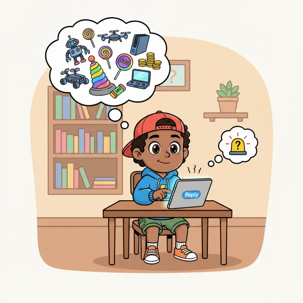 Kofi's fingers hover, trembling slightly, over the "Reply" button. A thought bubble above his head shows him imagining all the wonderful toys and treats he could buy with 500 cedis. But then, a tiny, cautious thought appears beside it, a little cartoon warning light blinking, making him hesitate.