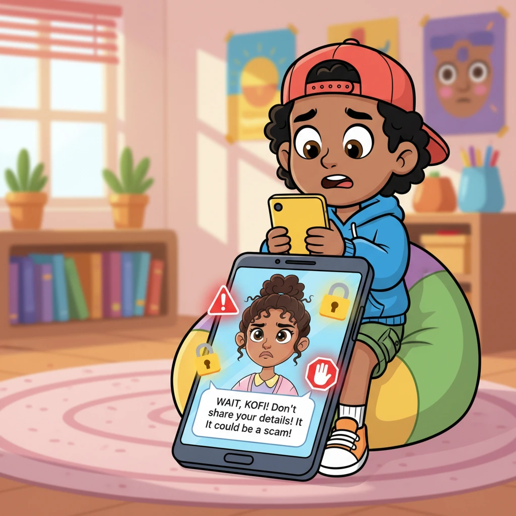 He quickly sends a message to his friend, Ama, about the amazing win. Ama, a smart girl with thoughtful eyes, quickly sends back a series of urgent emojis and a stern message: "WAIT, KOFI! Don't share your details! It could be a scam!" Her face on his screen looks worried but firm.