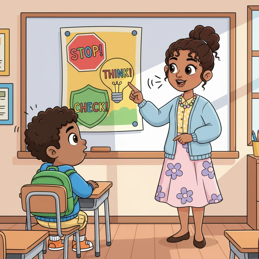Kofi vividly recalls his teacher, Madam Adjoa, in class. She's pointing to a giant, friendly "STOP, THINK, CHECK!" poster on the whiteboard, her finger wagging gently. Her voice echoes in his mind, reminding him to always verify messages before clicking any links or sharing personal information.