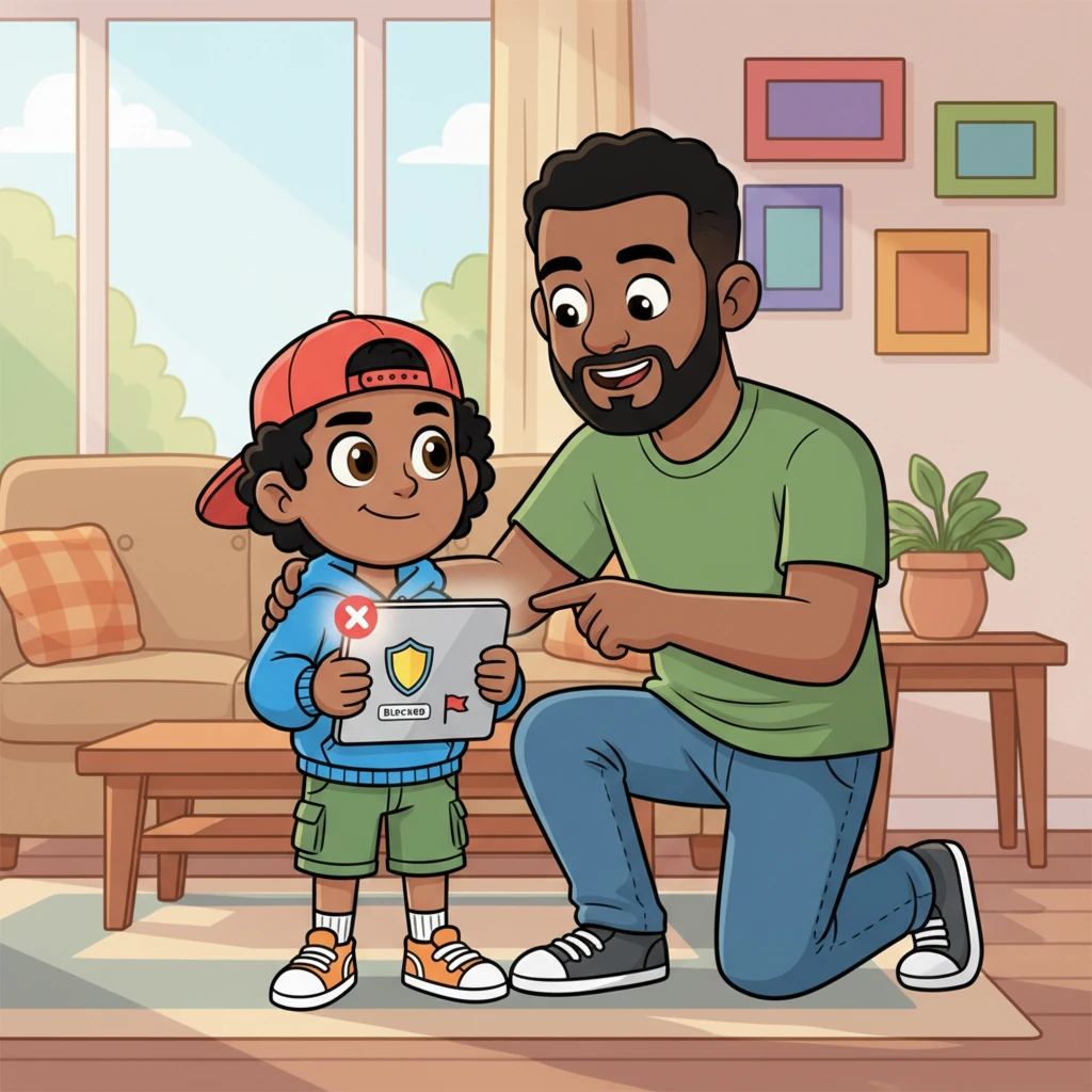 Taking a deep breath, Kofi bravely decides not to reply to the tempting message. Instead, he finds his dad and shows him the suspicious notification. His dad, with a reassuring smile, helps Kofi block the sender and report the message, giving him a proud pat on the head.