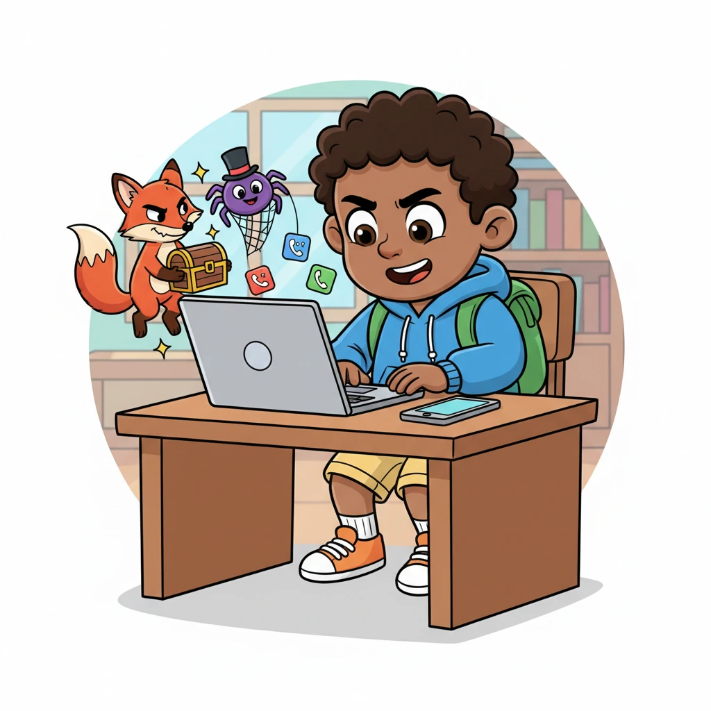 Determined to learn more, Kofi sits at his desk, his laptop and phone open. He's diligently researching "online scams" and "phishing," surrounded by playful cartoon images of sneaky foxes and tricky spiders trying to lure unsuspecting users into their webs of misinformation.