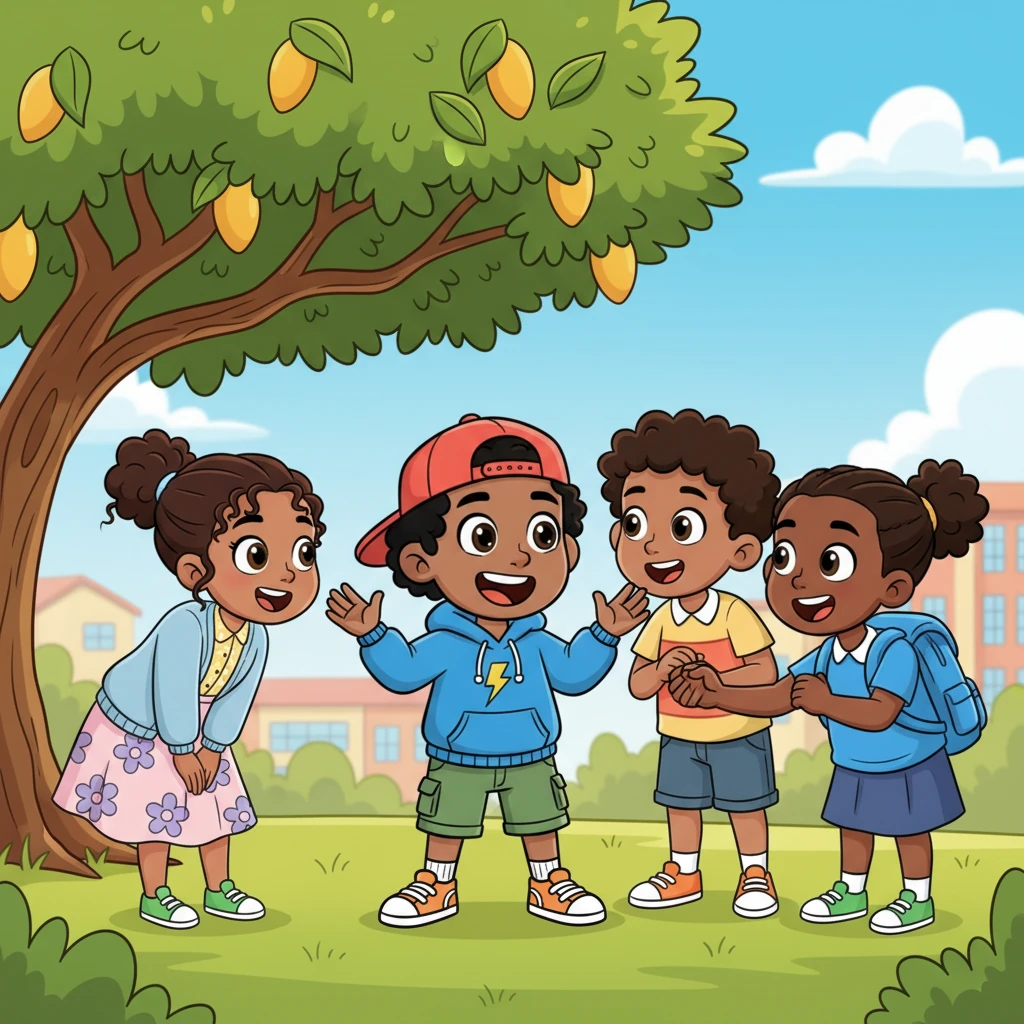 The next day at school, Kofi eagerly shares his experience and newfound knowledge with Ama and their friends under a sprawling mango tree. They listen intently, wide-eyed, promising to be careful online too. They even create a secret "Online Safety Squad" handshake, giggling with determination.
