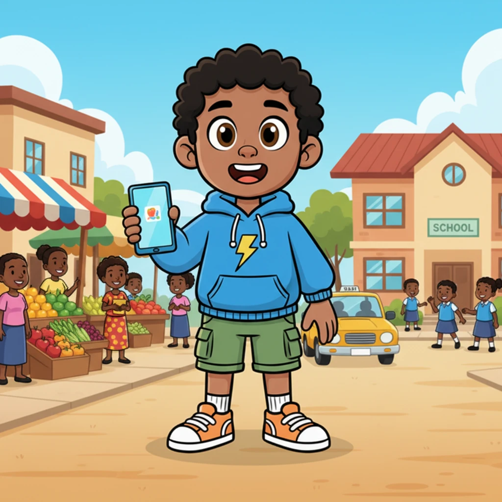 Kofi now stands tall and confident, holding his phone like a shield, a proud smile on his face. The vibrant Takoradi street, with its cheerful market and bustling school, stretches behind him. He's no longer just a curious user, but a smart online citizen, ready to enjoy the digital world safely and responsibly.