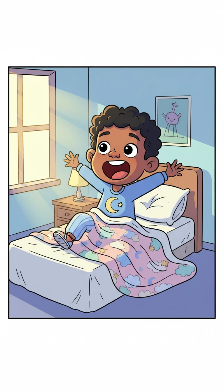 The sun peeked through Hamed's window, casting a warm glow on his cozy bed. Hamed stretched his arms and legs with a giant yawn, his blanket swirling around him like a happy cloud. A big, cheerful smile spread across his face, ready to greet a brand new day.