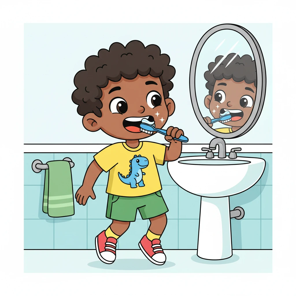 Hamed bounced into the bathroom, grabbing his bright blue toothbrush. He squeezed a tiny dollop of toothpaste onto it and scrubbed his teeth with gusto, making silly faces in the mirror. Sparkly clean teeth meant he was ready for a day of smiles and yummy food!
