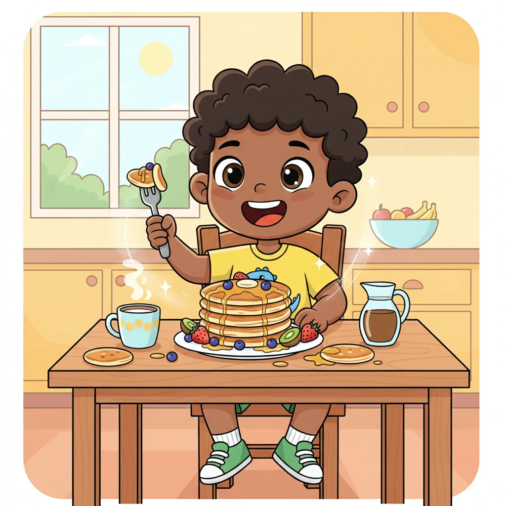 Down in the kitchen, a delicious smell filled the air. Hamed sat at the table, his eyes wide with excitement as he dug into a plate of fluffy pancakes and fresh fruit. Each bite was a burst of flavor, giving him lots of energy for his busy morning.
