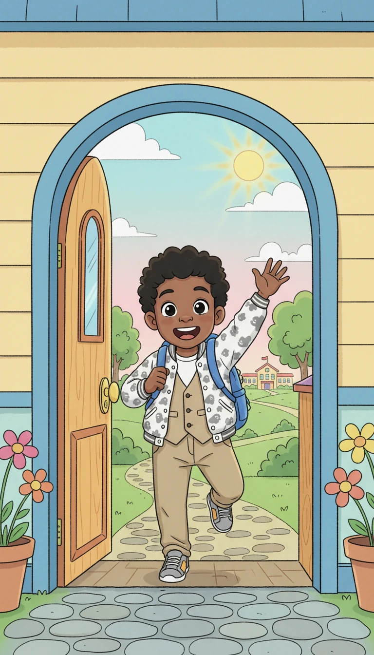 With his little backpack slung over his shoulder, Hamed waved goodbye to his parents. He skipped out the door, his steps light and bouncy as he headed towards kindergarten. The world outside was bright and full of promise, just like Hamed's happy heart.