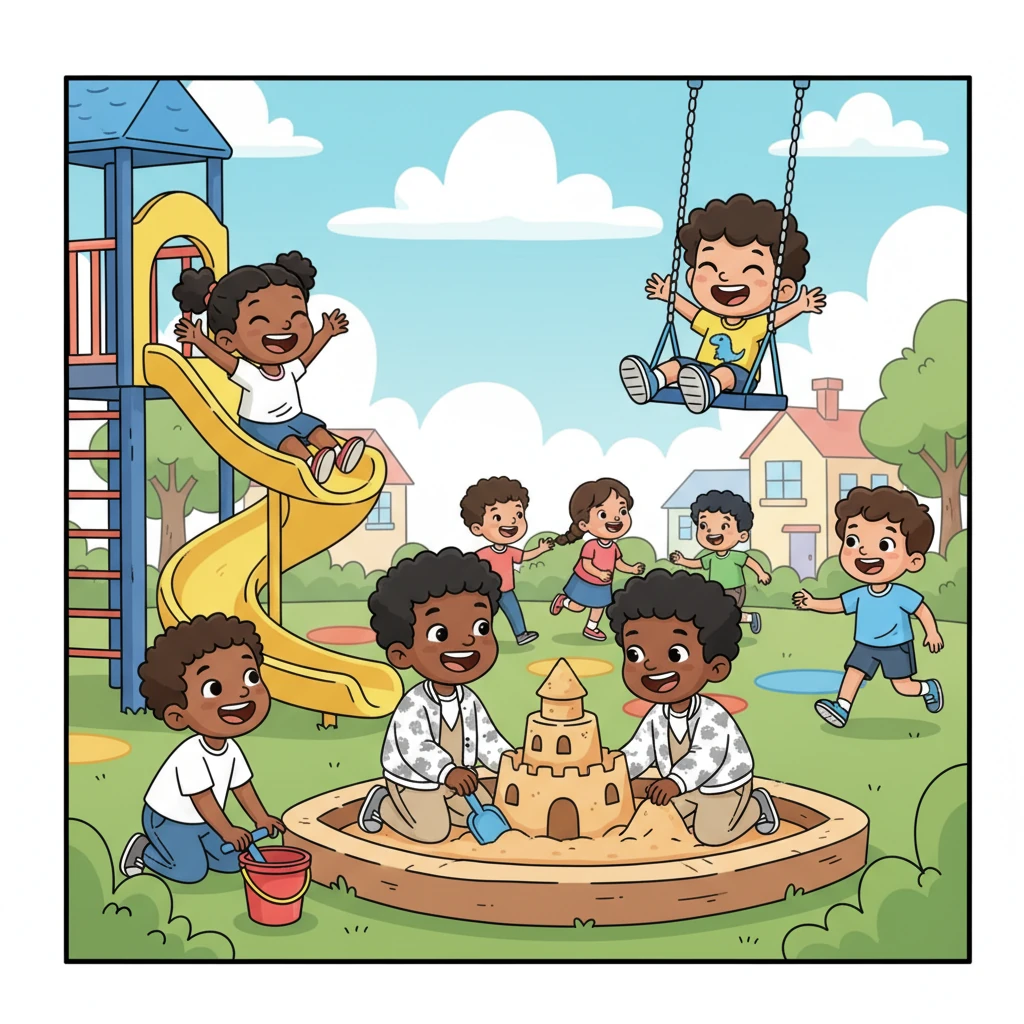 On the colorful playground, Hamed and his friends zoomed down the slide, swung high on the swings, and built towering castles in the sandbox. Their giggles echoed through the air as they chased each other, their imaginations soaring with every playful leap.