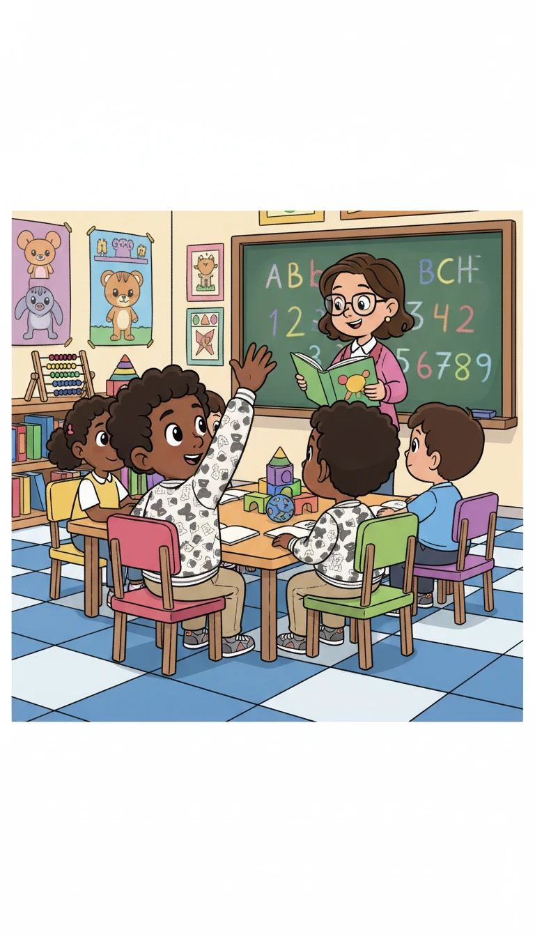 Inside, it was time for learning! Hamed sat with his friends, listening carefully as their teacher read a fascinating story. He raised his hand to answer questions, his eyes sparkling with curiosity as he discovered new letters and numbers.