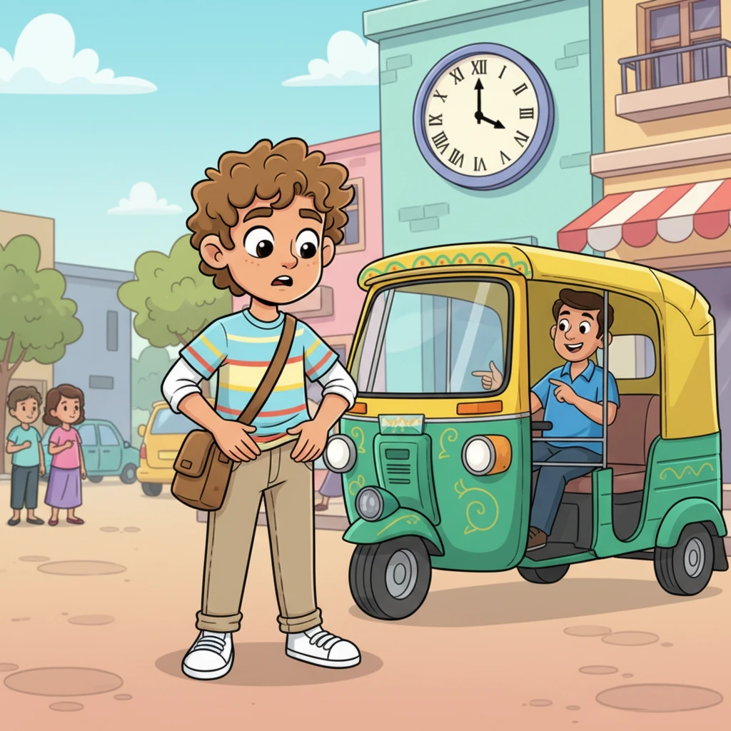Arjun, a whirlwind of nervous energy, meticulously smoothed his linen pants and checked his hair one last time. He booked an auto, his heart thumping like a drum, eager yet slightly terrified for the much-awaited meeting. The clock on the wall seemed to tick extra loudly, amplifying his excitement for the afternoon ahead.