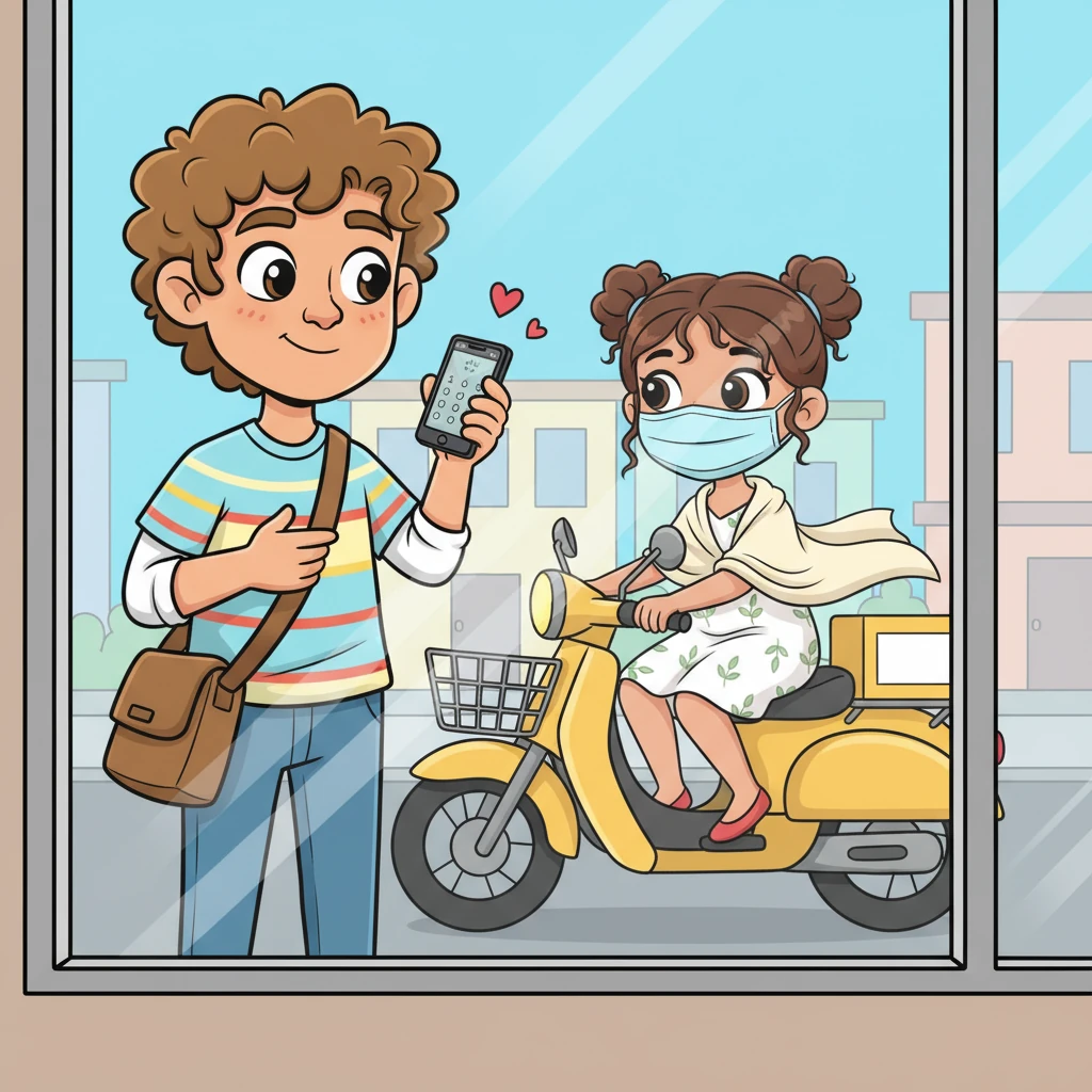 Suddenly, she appeared, a vision on a bright yellow Rapido bike taxi, her white top with leaf designs fluttering gently. A blue surgical mask covered her face, but her tied-up hair and cream-colored shawl gave her an air of quiet elegance. Arjun's heart skipped a beat as he saw her through the glass, about to dial his number.