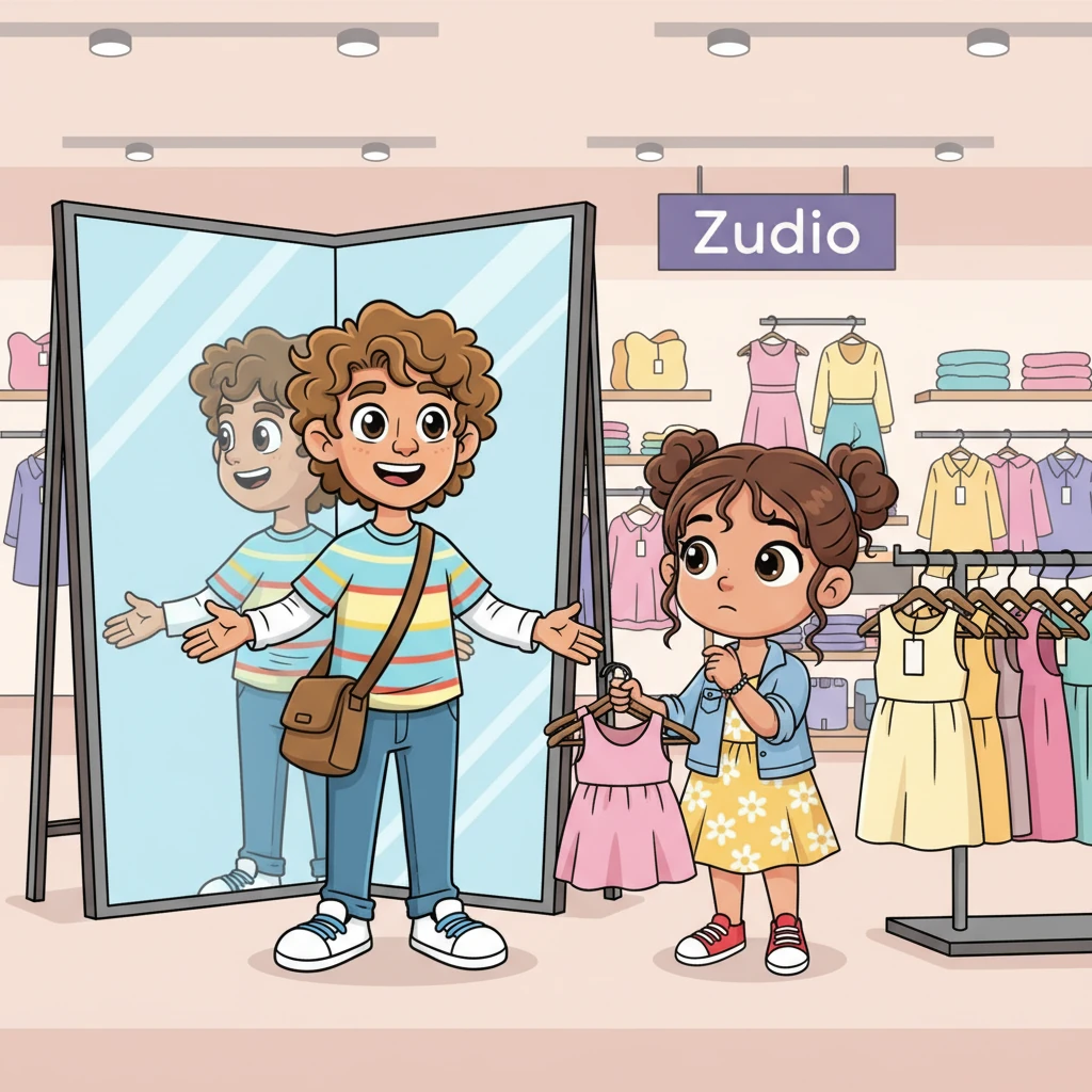 Inside Zudio, Arjun couldn't help but grin at his reflection in every mirror, feeling light and happy. She led him to the girls' section, carefully looking at clothes but deciding not to spend too much. They shared a knowing glance, realizing a shopping spree wasn't on the cards today.