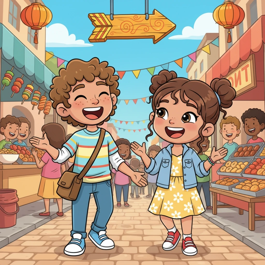 With a shared laugh, they abandoned the clothing mission and set off towards the famous food street. The thought of delicious treats replaced any lingering shopping desires. A playful arrow sign above them seemed to point directly to their next adventure.
