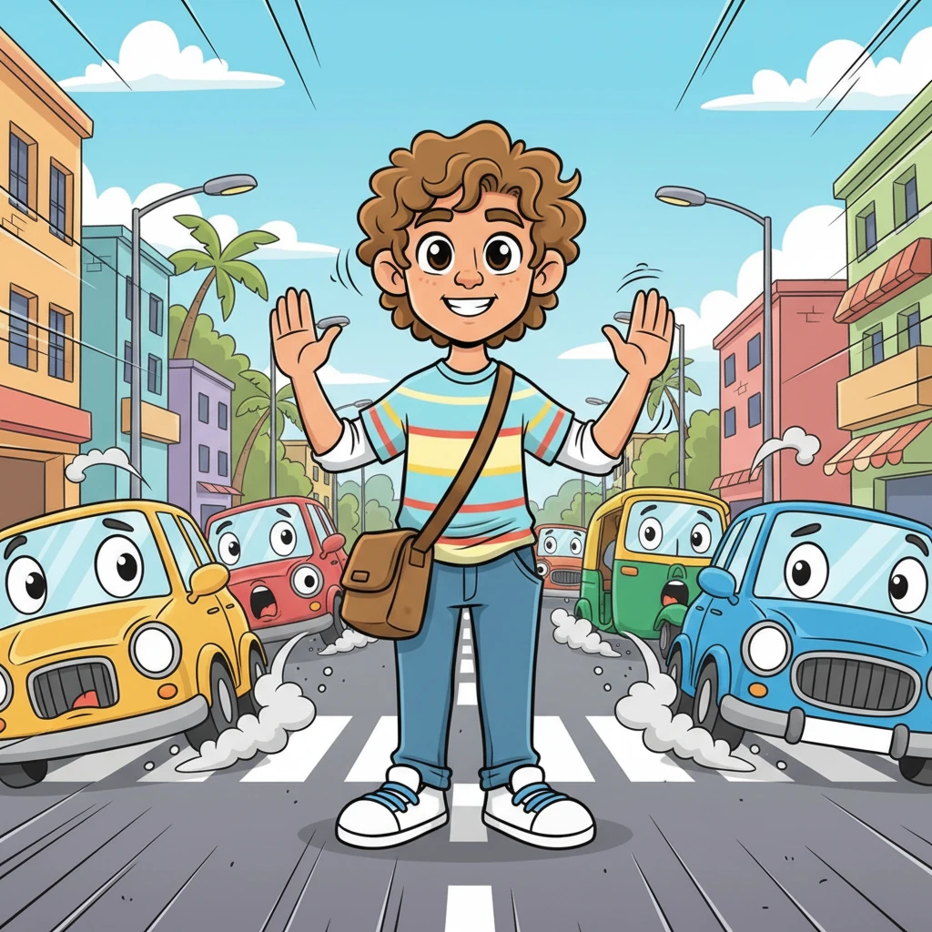 Crossing the chaotic Bangalore road was a true adventure, with Arjun bravely signaling vehicles to stop. Inside, he was a bundle of nerves, but on the outside, he wore a confident smile. Cars with exaggerated, surprised faces seemed to screech to a halt just for them.