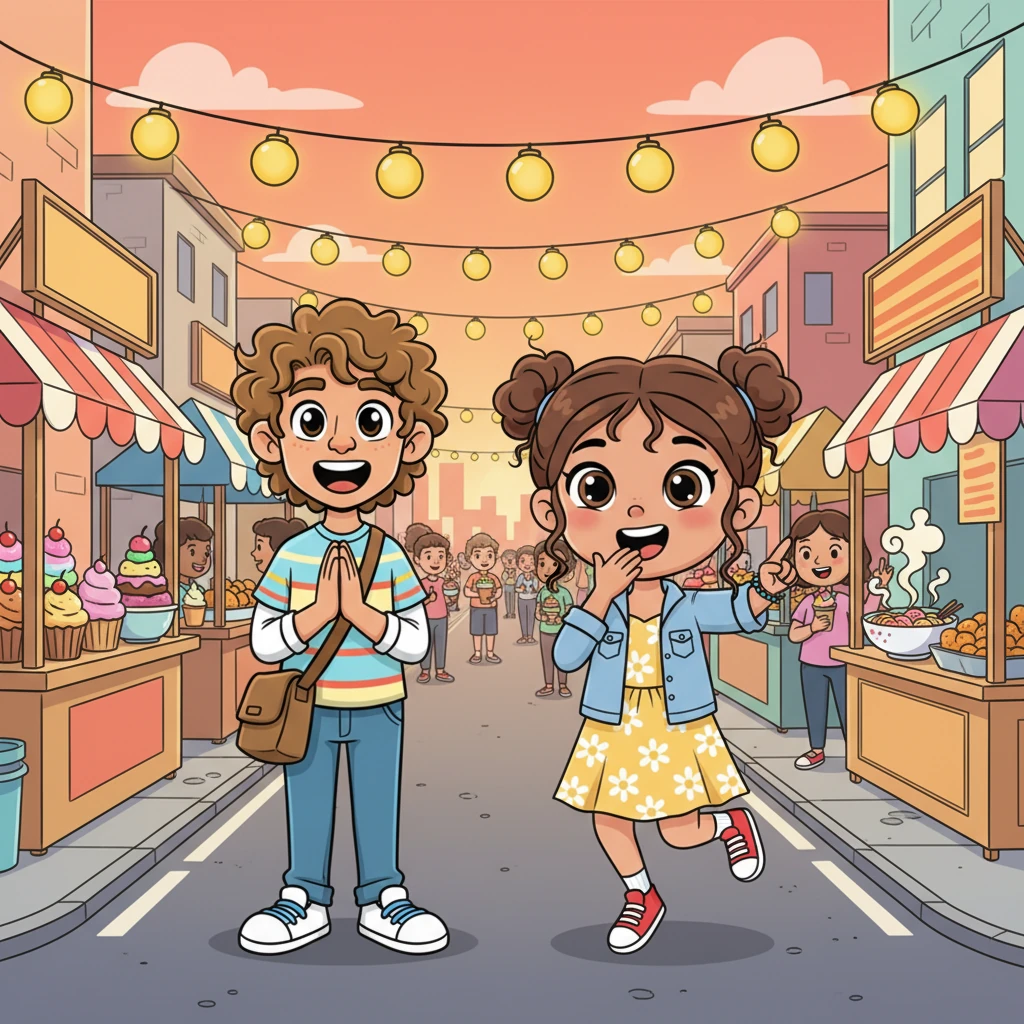 They turned a corner, and there it was: the vibrant, aromatic food street, stretching out before them like a delicious dream. Stalls overflowed with colorful snacks, and the air buzzed with happy chatter and tantalizing smells. It was a feast for the senses, a true urban wonderland.