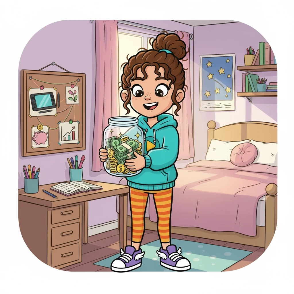 Ava's online shop grew, and she started earning money. She learned about saving and budgeting, planning to buy a new art tablet. Ava felt confident and empowered, seeing the fruits of her labor.