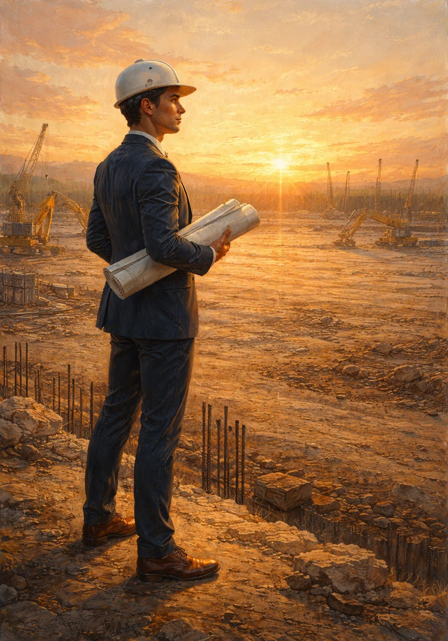 Elias Thorne stands at the edge of a sprawling, dusty construction site as the first light of dawn breaks over the horizon. He holds a set of rolled blueprints tightly, his eyes fixed on the empty space where a landmark will soon rise.