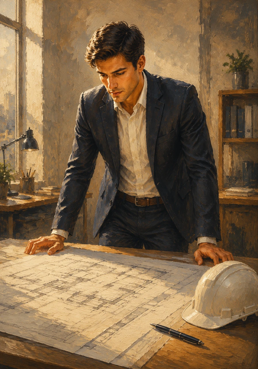 Inside a quiet office, Elias leans over a large drafting table covered in complex architectural drawings. A white hard hat and a sleek black engineering pen rest beside the plans, marking the beginning of a meticulous planning phase.