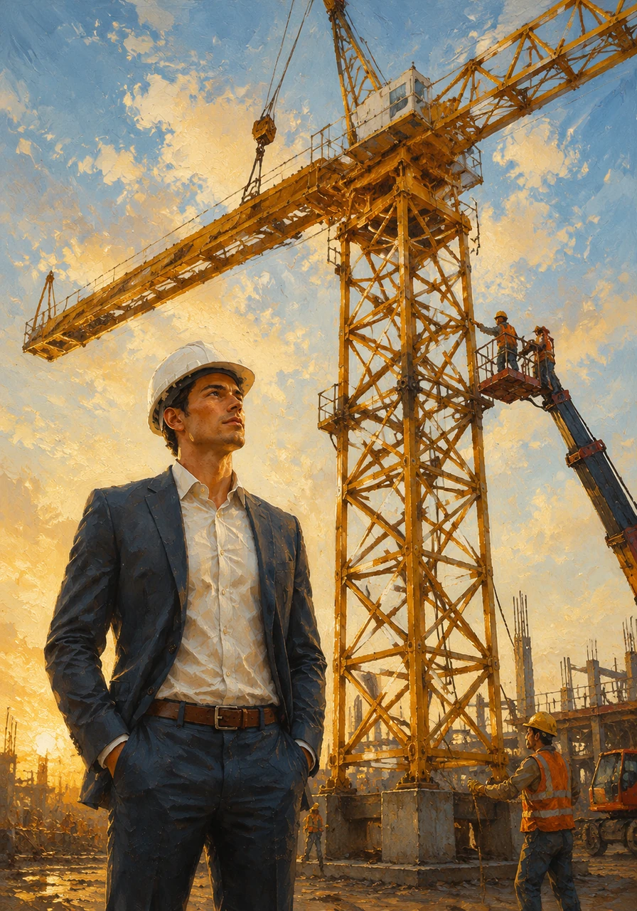 The skeletal frame of a massive tower crane begins to take shape against a brilliant morning sky. Elias watches the assembly with a focused expression, understanding that every giant leap in engineering starts with a single, precise bolt.