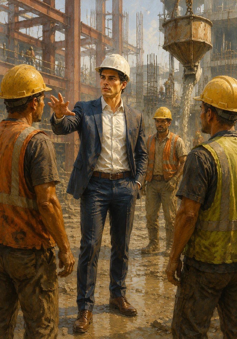Amidst the noise and dust of the active site, Elias moves with purpose among the steel beams and concrete pours. He consults with the crew, his presence a testament to the daily discipline required to keep a massive project on track.