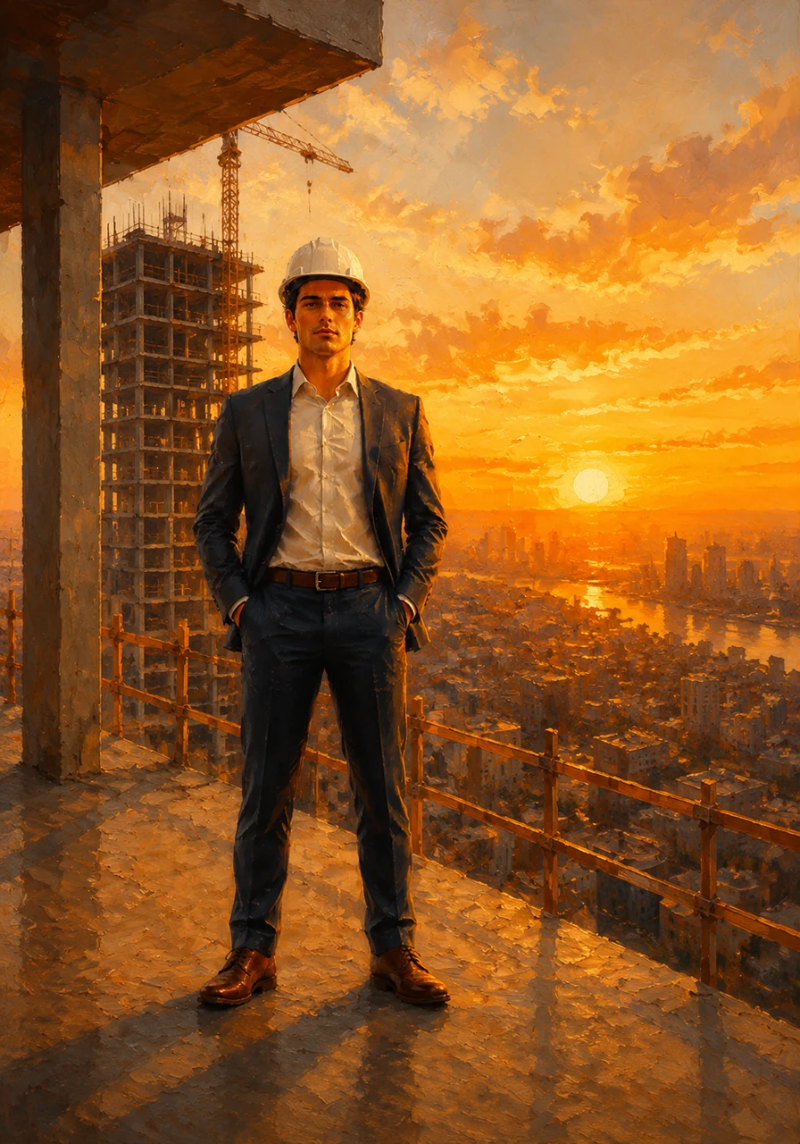 As the sun sets in a blaze of orange and gold, the partially completed high-rise casts a long shadow over the city. Elias stands on a finished slab, his white hard hat catching the warm light, embodying the spirit of execution and delivery.