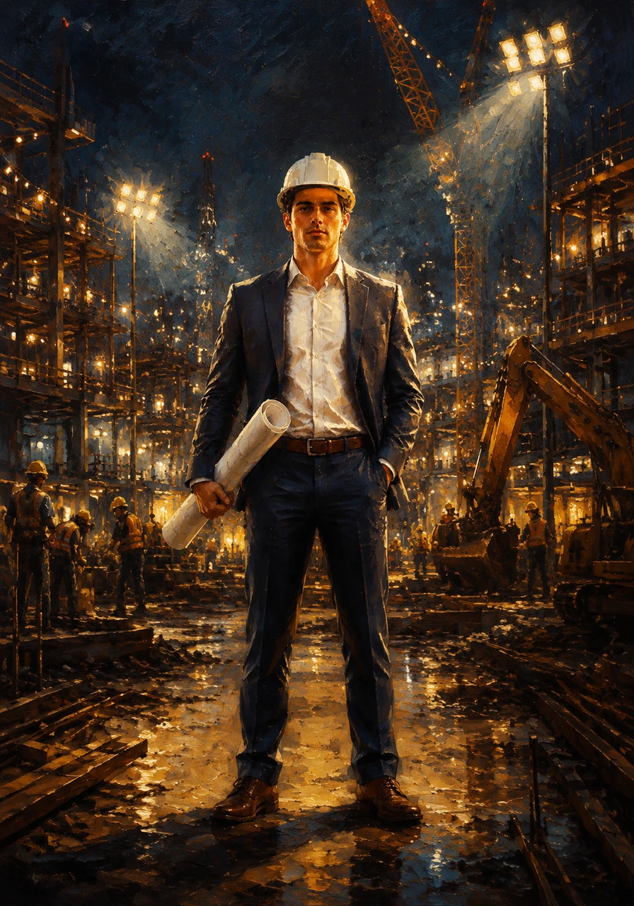 The construction site transforms into a sea of artificial lights under the midnight sky as work continues through the night. Elias remains on-site, demonstrating the unwavering consistency that separates the dreamers from the builders.