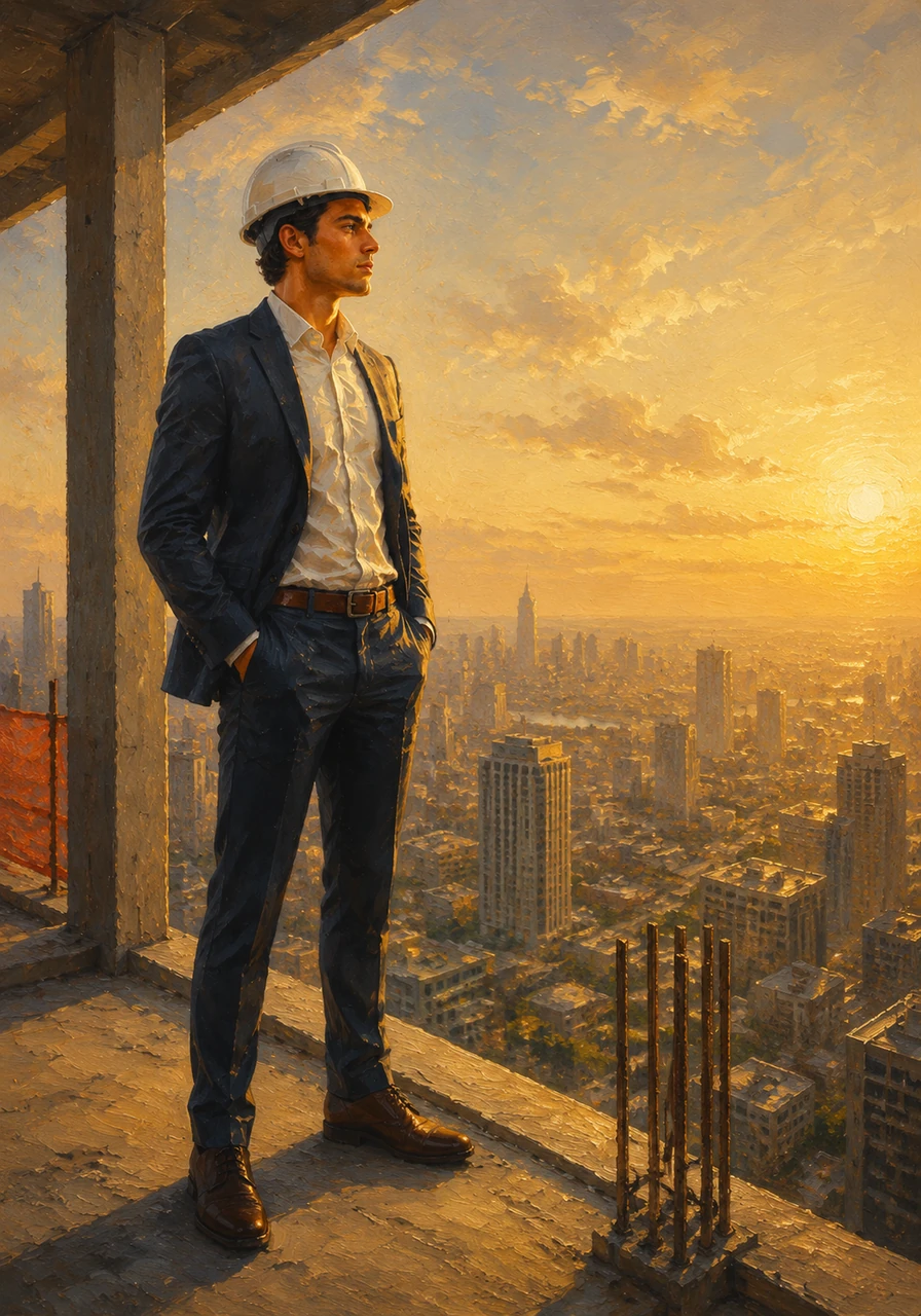 Standing on the highest completed floor, Elias looks out at the sprawling urban landscape below. He realizes that the sweat and long hours spent on-site are slowly forging his identity as a leader in his field.
