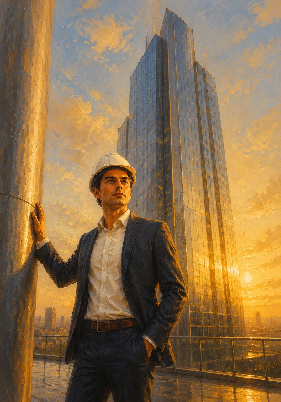 The building reaches its final height, a magnificent structure of glass and steel reflecting the golden hour sun. Elias places his hand on the cool surface of a pillar, feeling a deep sense of pride in the expertise he has gained through his journey.