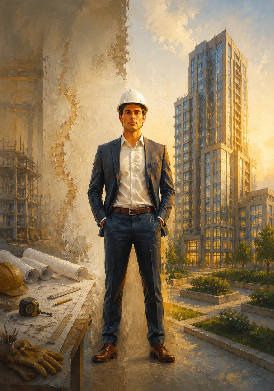 The final view shows a professional, split-composition scene featuring the industrial tools of the trade and the finished architectural masterpiece. It serves as a powerful reminder that today's effort is the foundation for tomorrow's expertise and a future built with intent.