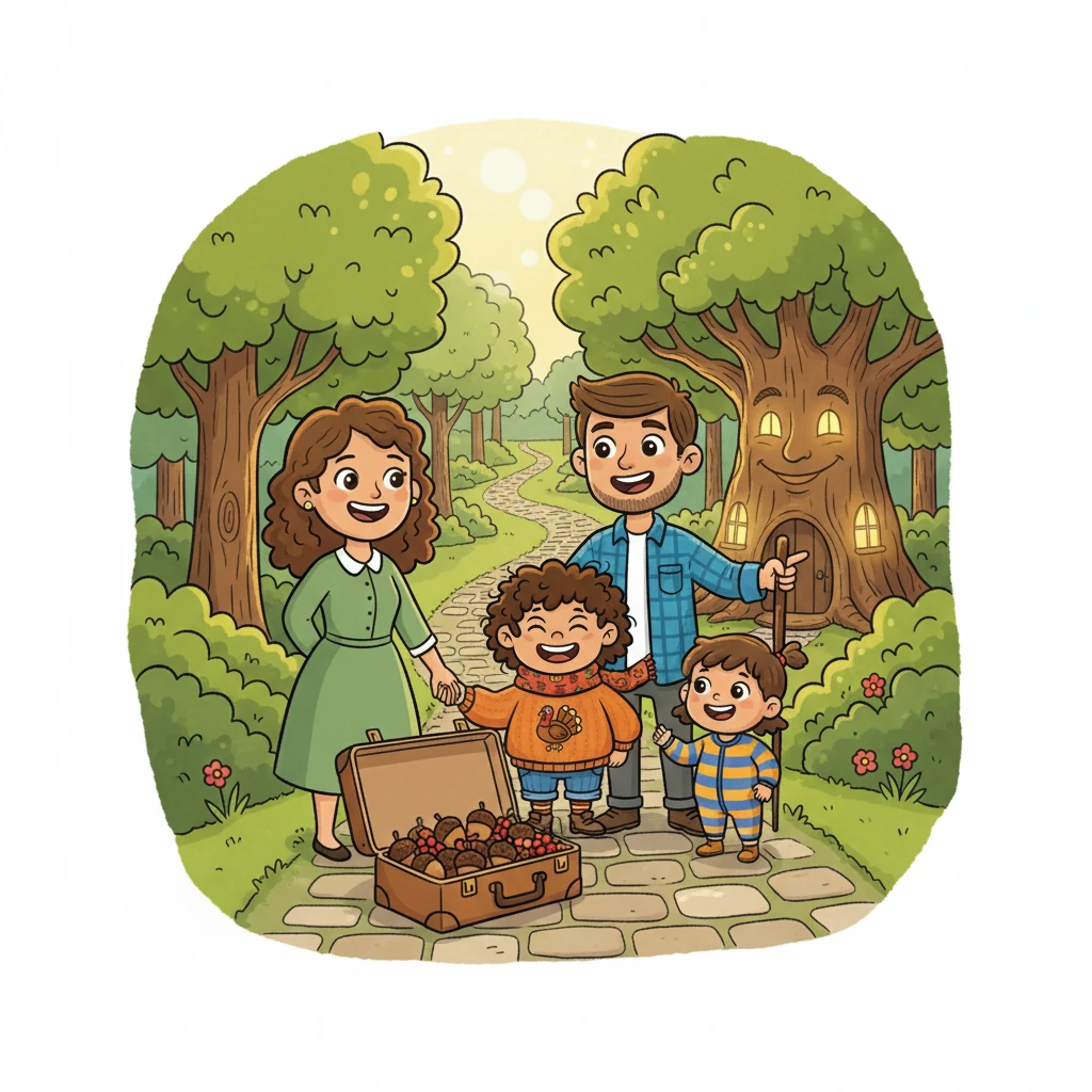 They packed a tiny suitcase with acorns and berries. Pipkin's mom, dad, and two little siblings were all excited. The destination was Grandma Willow's big house, far away in the woods.