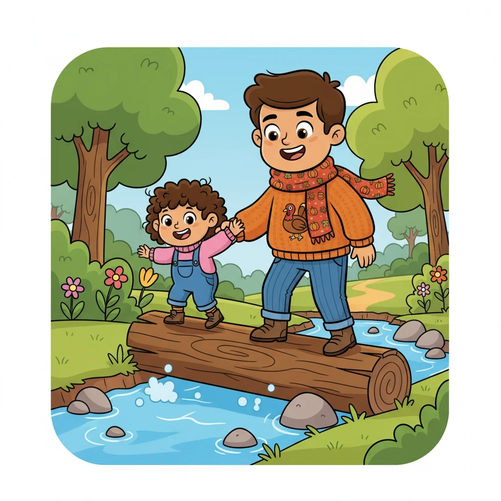 They crossed a babbling brook on a fallen log. Pipkin's little sister, Hazel, almost fell in! Dad quickly scooped her up, and they continued their journey, giggling.