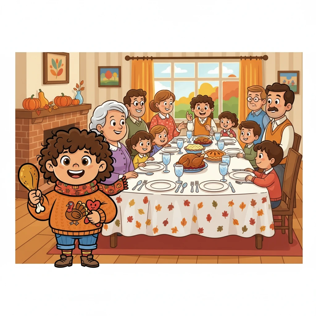 Inside, the house was bustling with activity. Cousins, aunts, and uncles were all gathered. The table was set with a beautiful tablecloth and shining silverware.