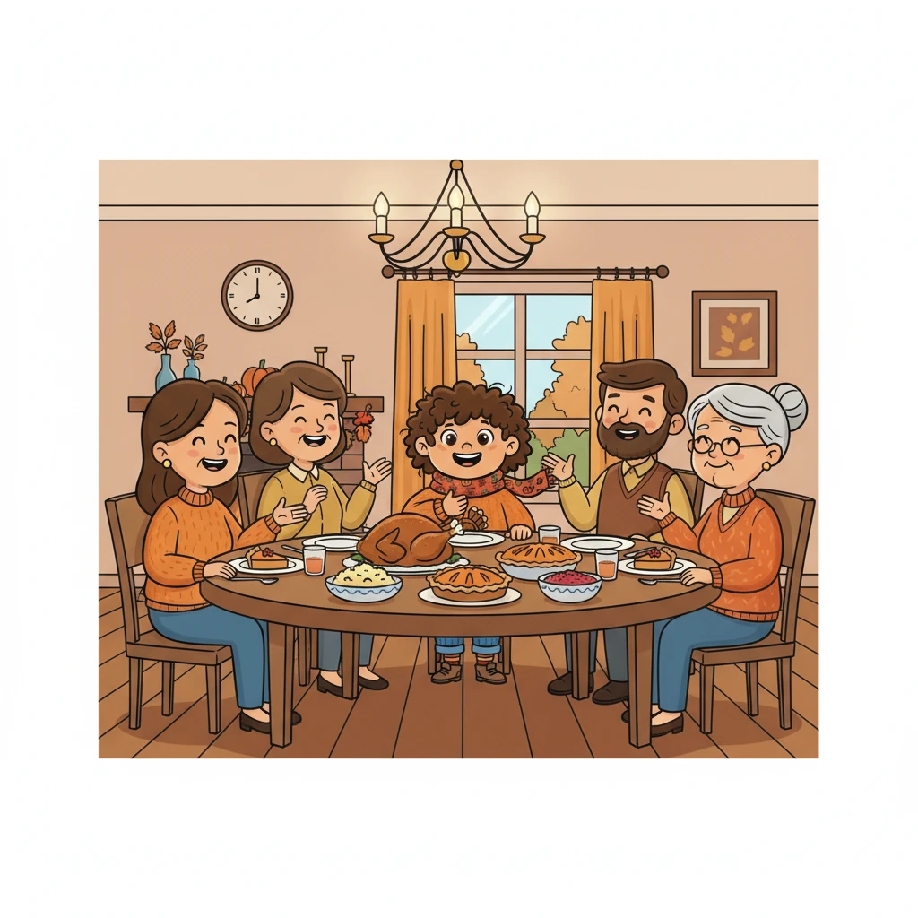 Everyone gathered around the table, sharing stories and laughter. Pipkin felt a warm feeling in his chest. Thanksgiving was all about family and sharing.