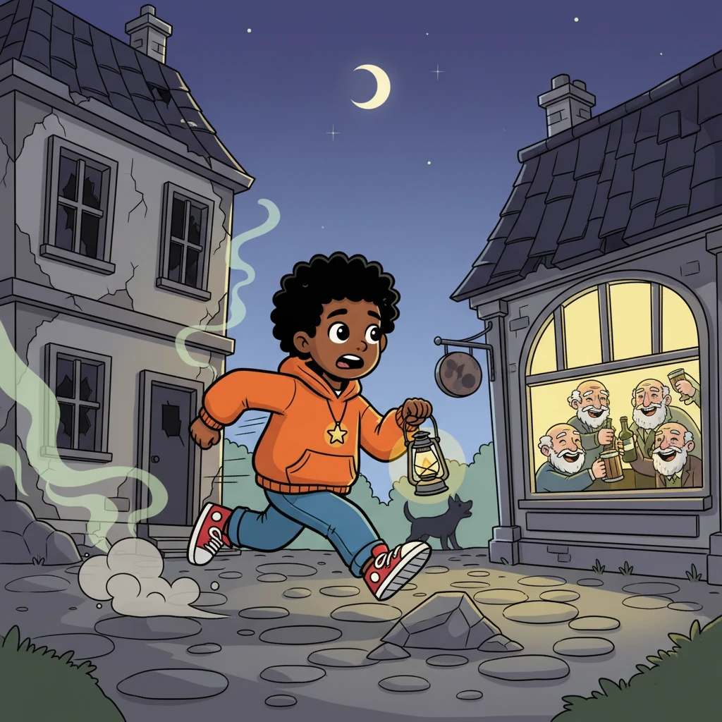 He raced past the old building everyone said was haunted. The windows were broken, the walls cracked, and the air around it felt strange. A dog barked somewhere behind him, and he nearly tripped on a stone. Farther down the road, he saw a bar filled with elderly men, laughing loudly and clinking bottles.