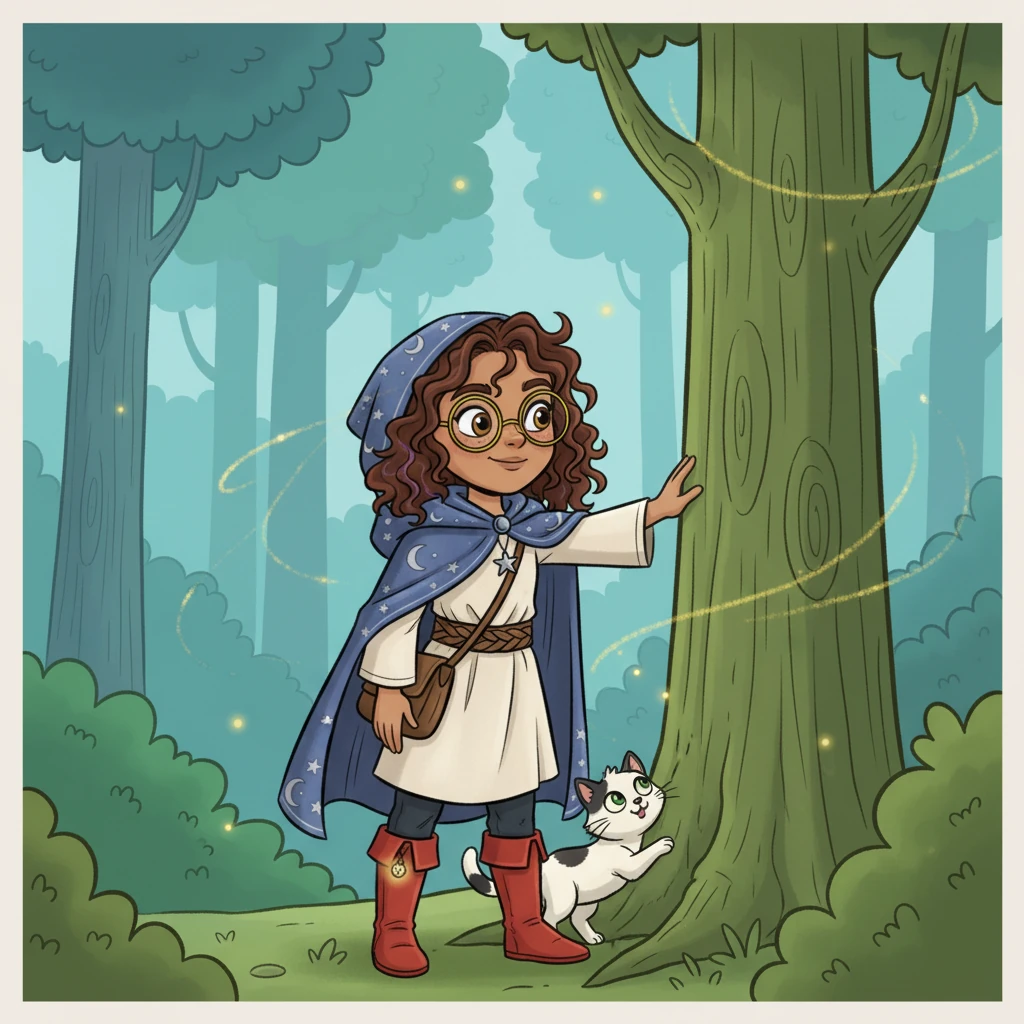 Little Luna, with her bright red boots and a sparkle in her eye, stood at the edge of the Whispering Woods. The trees were tall and green, and she could hear a soft, inviting hum coming from deep inside. Her cat, Mittens, rubbed against her leg, looking just as curious.