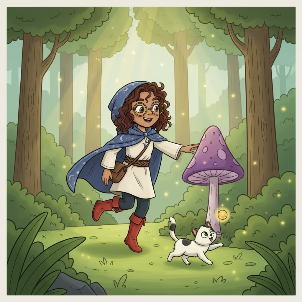 Bravely, Luna stepped into the woods, sunlight dappling through the leaves like glitter. She discovered a path made of glowing moss, leading her deeper into the magical forest. Mittens, a fluffy white cat, pranced ahead, his tail held high.