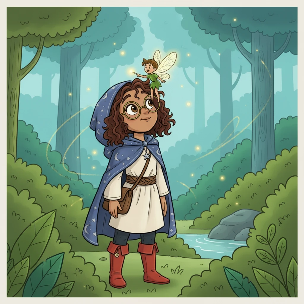 Suddenly, a tiny, shimmering fairy with butterfly wings fluttered down and landed on Luna's nose. The fairy giggled and pointed with a tiny wand towards a hidden stream. Luna's eyes widened in wonder.