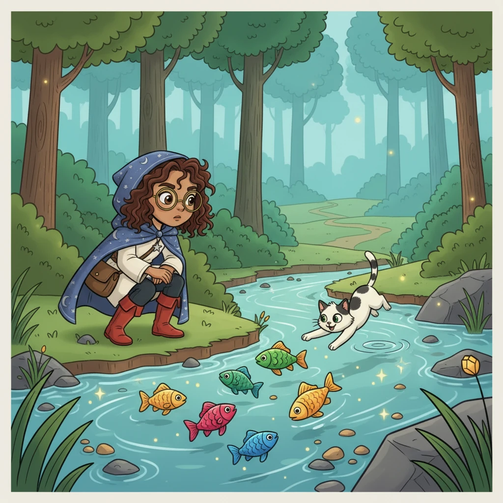 Following the fairy, Luna found a crystal-clear stream where fish swam with scales of every color imaginable. They sparkled like jewels under the water. Mittens tried to pounce on a particularly shiny one, but it zipped away.