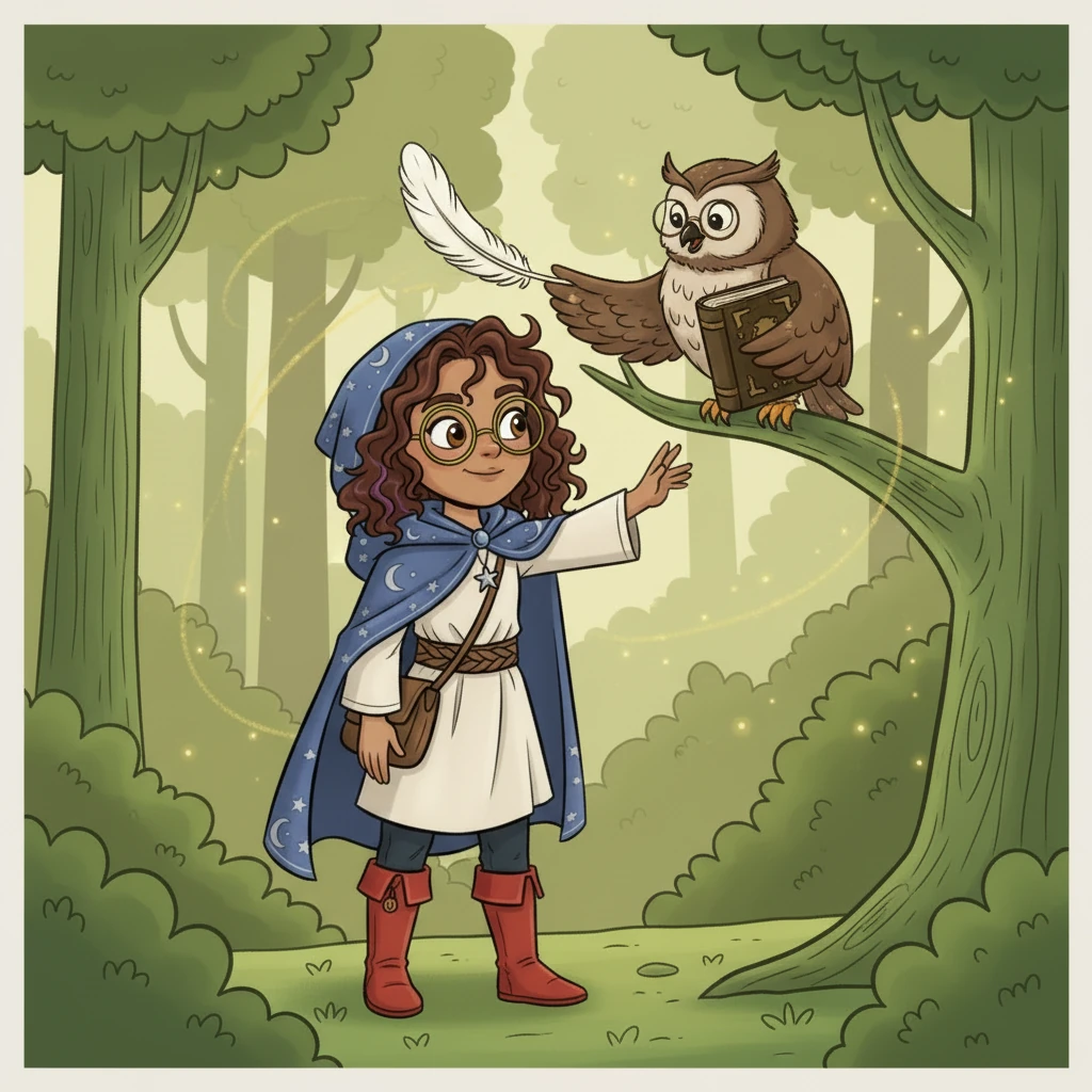 Further along, they met a wise old owl perched on a branch, wearing spectacles and reading a very thick book. The owl hooted a friendly greeting, offering Luna a feather from its wing as a gift.